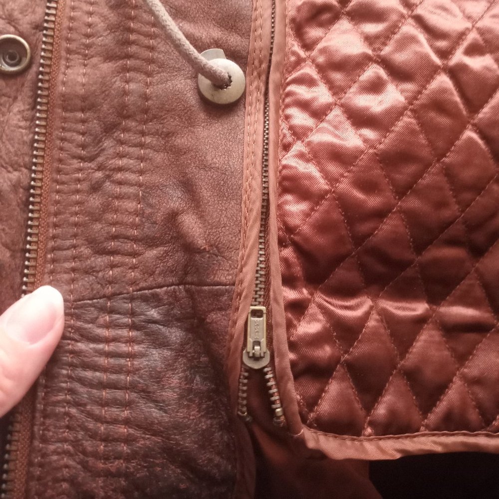 VTG Heavy Long Hooded Brown Leather Jacket - Picture 11 of 16